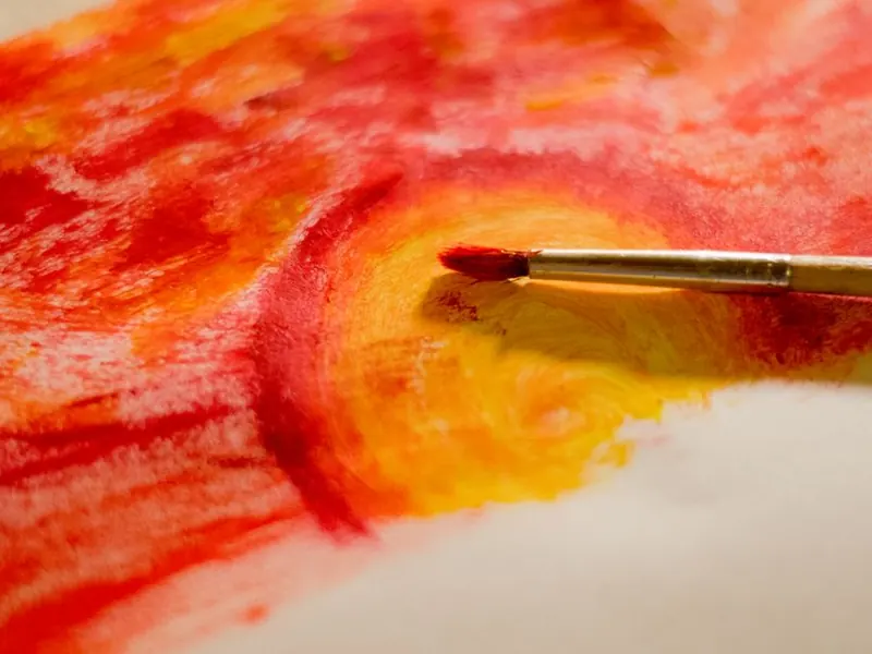 A brush swirling red and yellow paint into orange.