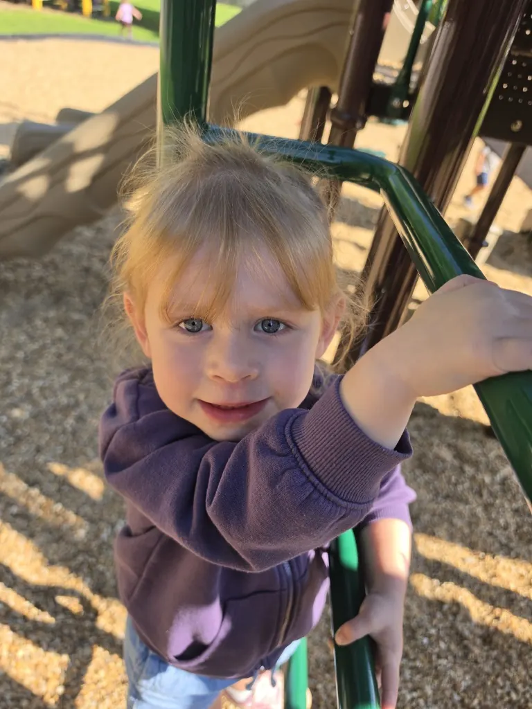 A preschooler grins while climbing on the playground.