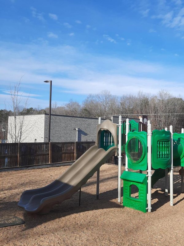 A green climbing structure with a slide on the Locust Grove playground, bordered by a wood fence.