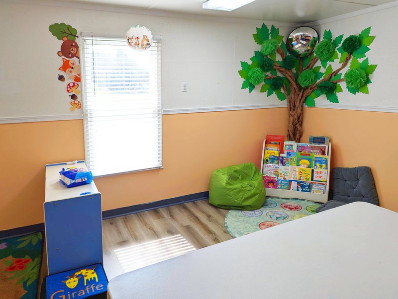 A cozy Maple Grove reading corner with a paper tree on the wall, a book display, and a green bean-bag chair.